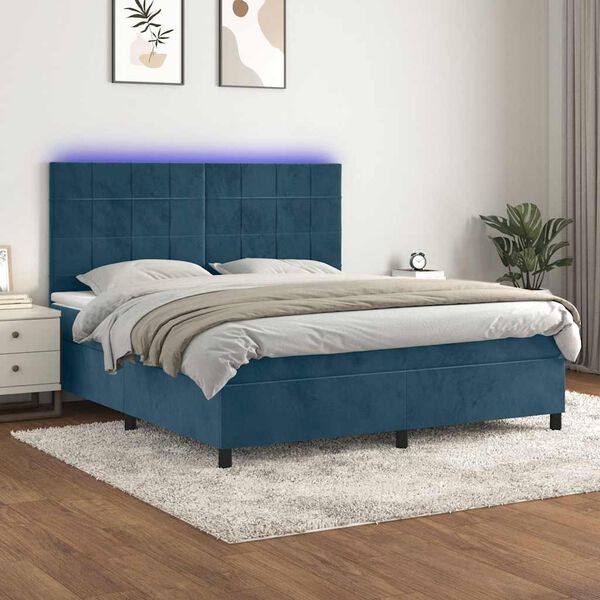 vidaXL Cama box spring colch&oacute;n y LED terciopelo azul oscuro 180x200 cm