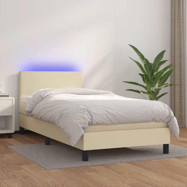 vidaXL Cama box spring y colch&oacute;n LED cuero sint&eacute;tico crema 90x190 cm