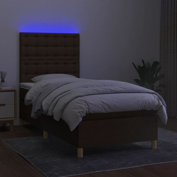 vidaXL Cama box spring colch&oacute;n y luces LED tela marr&oacute;n oscuro 80x200cm