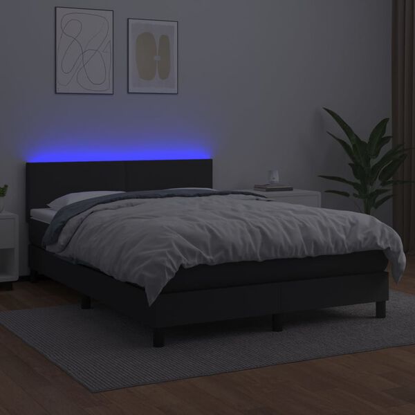 vidaXL Cama box spring colch&oacute;n y LED cuero sint&eacute;tico negro 140x200 cm