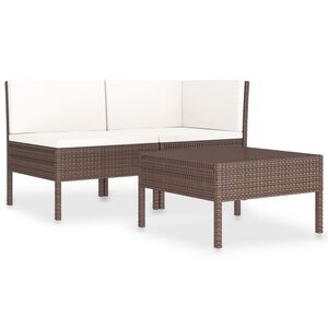 vidaXL Set muebles de jard&iacute;n 3 pzas y cojines rat&aacute;n sint&eacute;tico marr&oacute;n