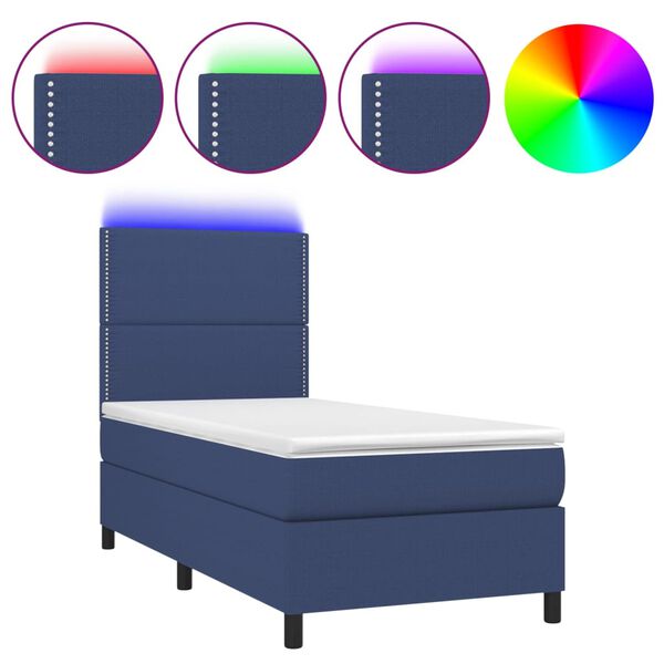 vidaXL Cama box spring colch&oacute;n y luces LED tela azul 100x200 cm