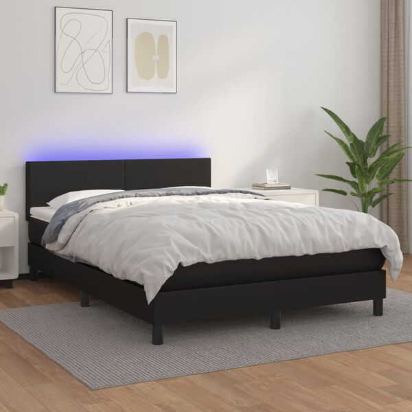 vidaXL Cama box spring colch&oacute;n y LED cuero sint&eacute;tico negro 140x200 cm