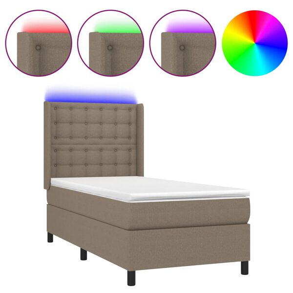 vidaXL Cama box spring colch&oacute;n y luces LED tela gris taupe 90x200 cm