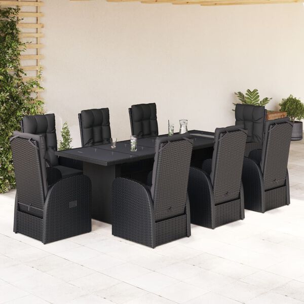 vidaXL Set de comedor de jard&iacute;n 9 pzas y cojines rat&aacute;n sint&eacute;tico negro