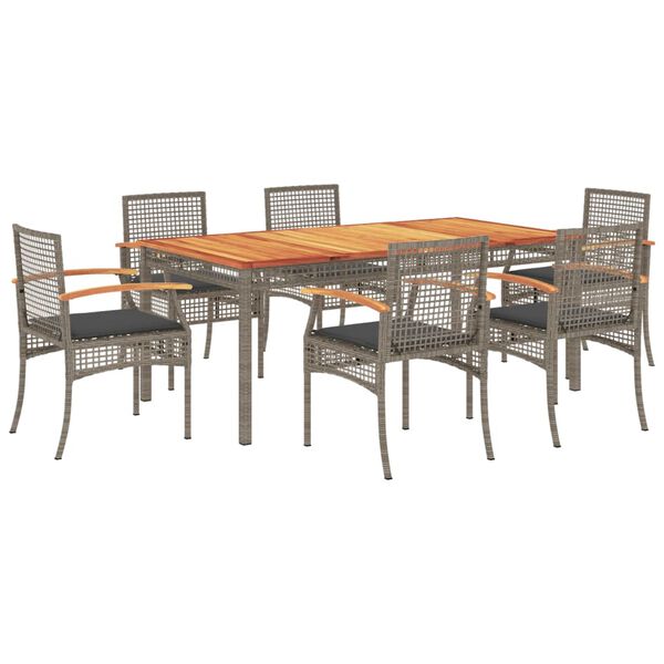 vidaXL Set comedor jard&iacute;n 7 pzas y cojines rat&aacute;n sint&eacute;tico gris