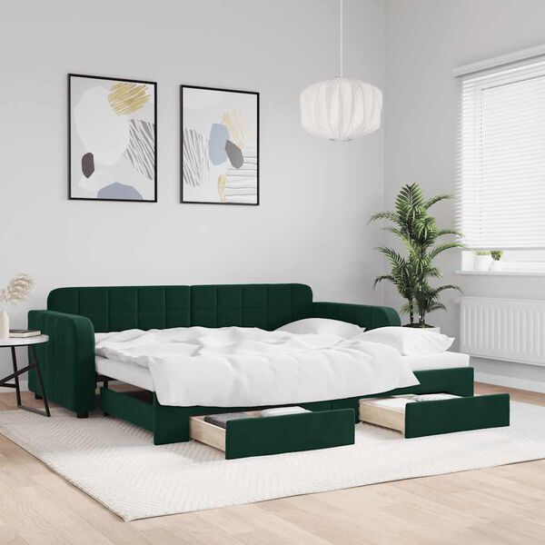 vidaXL Sof&aacute; cama nido con cajones terciopelo verde oscuro 90x200 cm