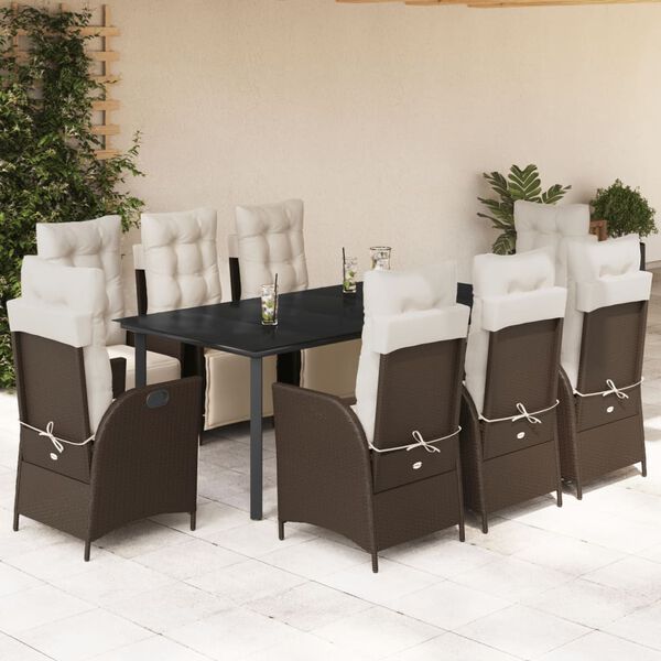 vidaXL Set comedor para jard&iacute;n 9 pzas y cojines rat&aacute;n sint&eacute;tico marr&oacute;n