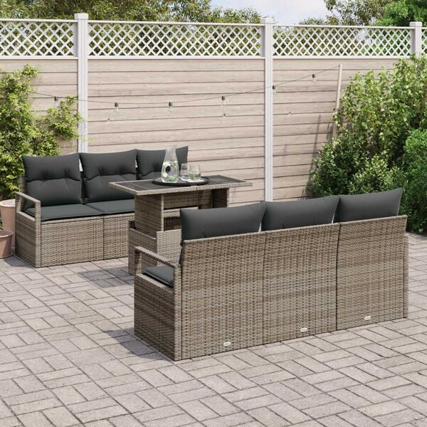 vidaXL Conjunto de sof&aacute; de jard&iacute;n con coj&iacute;n 7 pcs Gris Polirat&aacute;n