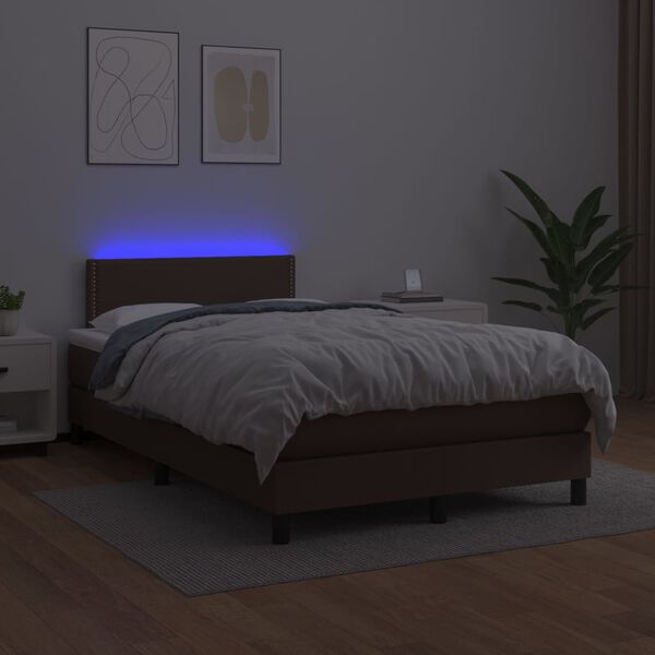 vidaXL Cama box spring colch&oacute;n y LED cuero sint&eacute;tico marr&oacute;n 120x200 cm