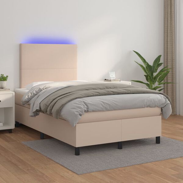 vidaXL Cama box spring colch&oacute;n LED cuero sint&eacute;tico capuchino 120x200cm