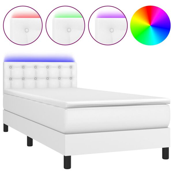 vidaXL Cama box spring y colch&oacute;n LED cuero sint&eacute;tico blanco 90x190 cm