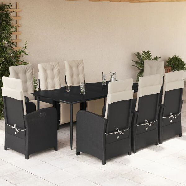 vidaXL Set de comedor de jard&iacute;n 9 pzas y cojines rat&aacute;n sint&eacute;tico negro