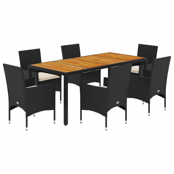 vidaXL Set de comedor jard&iacute;n 7 pzas con cojines rat&aacute;n PE acacia negro