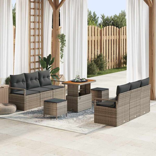 vidaXL Conjunto de sof&aacute; de jard&iacute;n 9 pcs Gris Polirat&aacute;n
