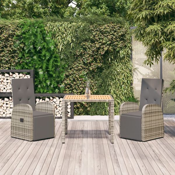 vidaXL Set comedor de jardín 3 piezas con cojines ratán sintético gris
