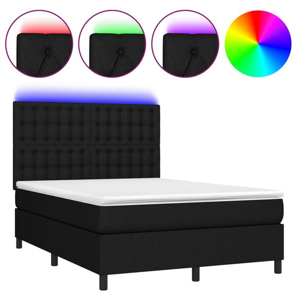 vidaXL Cama box spring colch&oacute;n y luces LED tela negro 140x190 cm