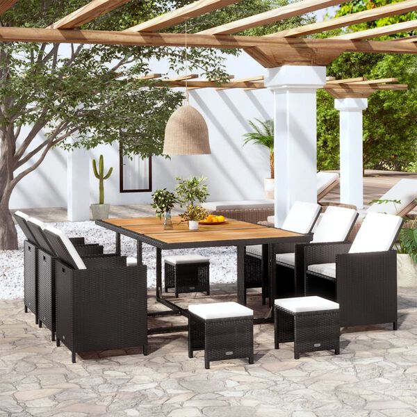 vidaXL Set comedor de jard&iacute;n 11 piezas y cojines rat&aacute;n sint&eacute;tico negro