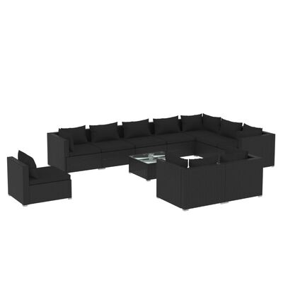 vidaXL Set de muebles de jardín 11 pzs y cojines ratán sintético negro