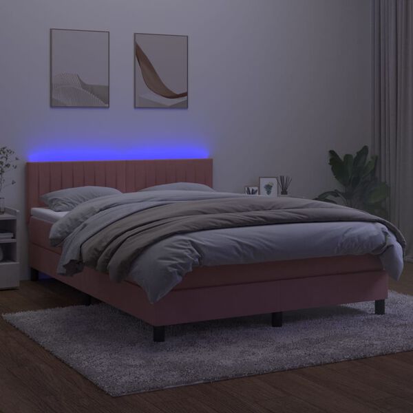 vidaXL Cama box spring colch&oacute;n y LED terciopelo rosa 140x190 cm