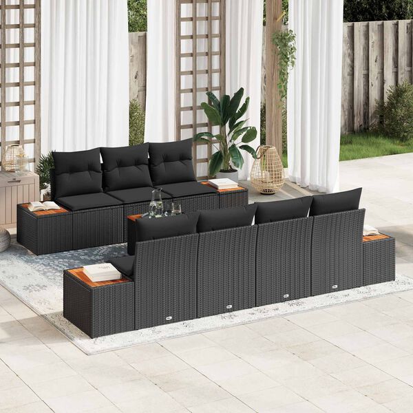 vidaXL Conjunto de sof&aacute; de jard&iacute;n con coj&iacute;n 8 pcs Negro Polirat&aacute;n