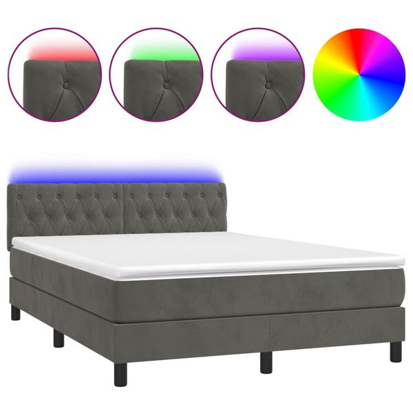 vidaXL Cama box spring colch&oacute;n y LED terciopelo gris oscuro 140x190 cm