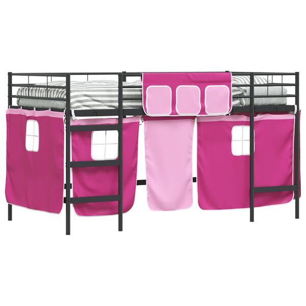 vidaXL Estructura de Cama Alta para Ni&ntilde;os con Cortinas Negro y Rosa