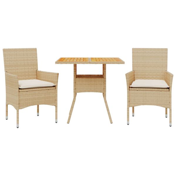 vidaXL Set de comedor jard&iacute;n 3 pzas con cojines rat&aacute;n PE acacia beige