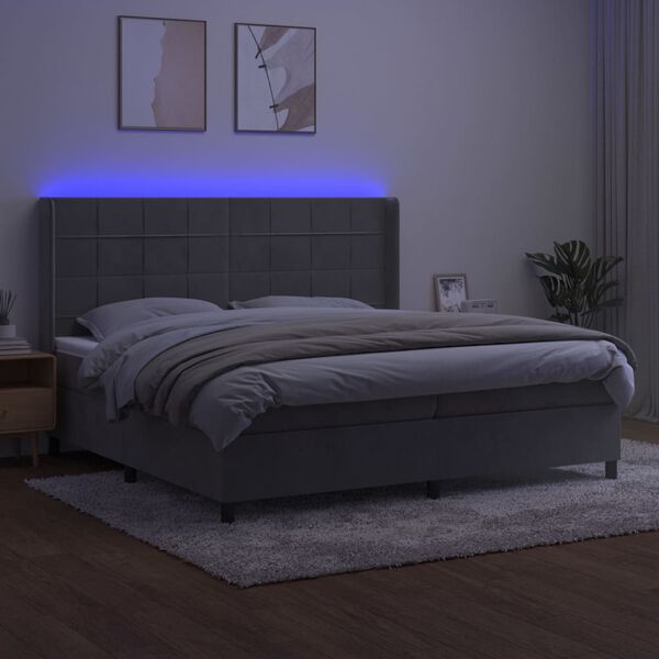 vidaXL Cama box spring colch&oacute;n y LED terciopelo gris claro 200x200 cm