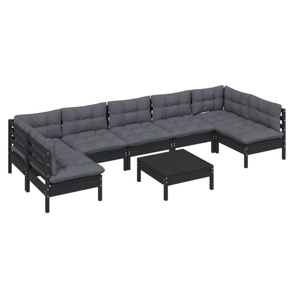 vidaXL Muebles de jard&iacute;n 8 pzas con cojines negro madera maciza pino