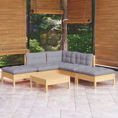 vidaXL Juego de muebles de jardín 6 pzas y cojines madera pino gris
