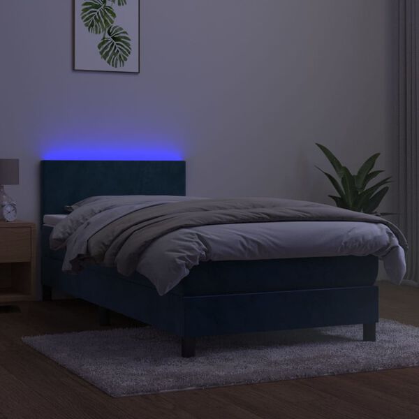 vidaXL Cama box spring colch&oacute;n y LED terciopelo azul oscuro 90x200 cm