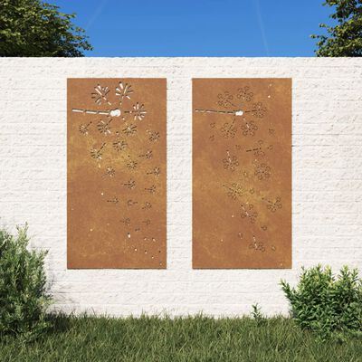 vidaXL Adorno pared jardín 2 uds acero corten diseño flores 105x55 cm