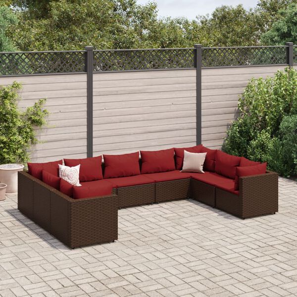 vidaXL Set muebles de jard&iacute;n 9 piezas y cojines rat&aacute;n sint&eacute;tico marr&oacute;n