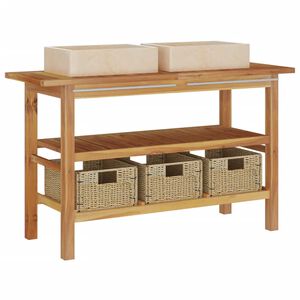 vidaXL Tocador de ba&ntilde;o madera maciza de teca con lavabos m&aacute;rmol crema