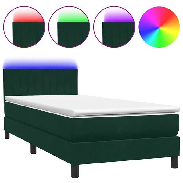 vidaXL Cama box spring con colch&oacute;n y LED terciopelo verde oscuro 90x220 cm