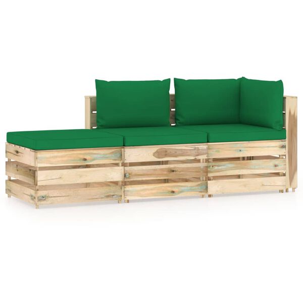 vidaXL Muebles de jard&iacute;n 3 piezas con cojines madera impregnada verde