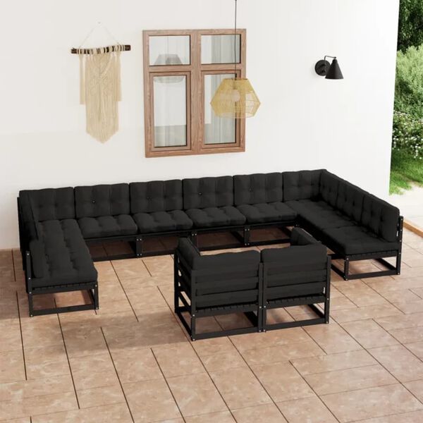 vidaXL Set de muebles de jard&iacute;n 12 pzas con cojines madera pino negro