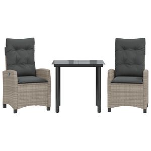 vidaXL Set comedor de jard&iacute;n 3 pzas cojines rat&aacute;n sint&eacute;tico gris claro