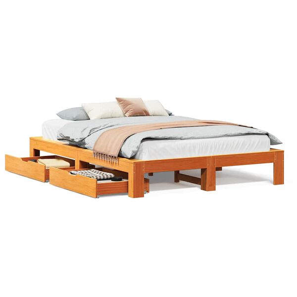 vidaXL Cama sin colch&oacute;n madera maciza de pino marr&oacute;n cera 140x200 cm
