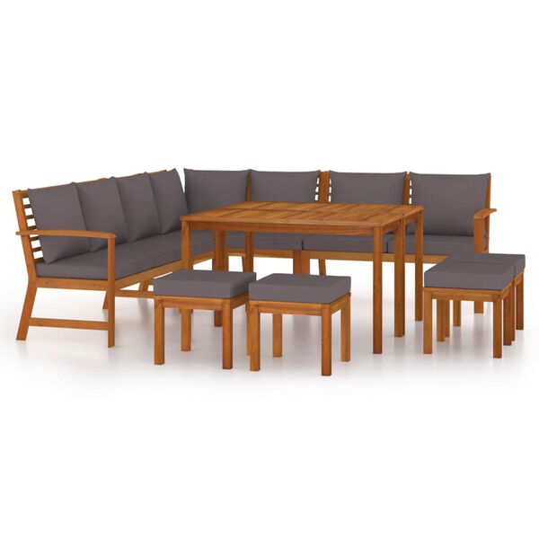vidaXL Juego comedor jard&iacute;n con cojines 11 piezas madera maciza acacia