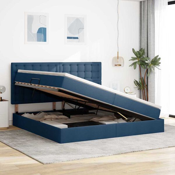 vidaXL Cama con almacenamiento y colch&oacute;n Azul 200 x 200 cm Poli&eacute;ster