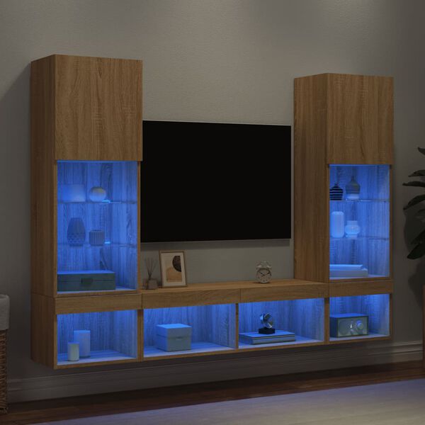 vidaXL Muebles TV pared con LED 5 pzas madera ingenier&iacute;a roble Sonoma