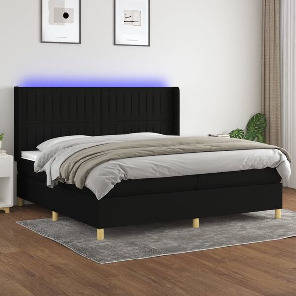 vidaXL Cama box spring colch&oacute;n y luces LED tela negro 200x200 cm