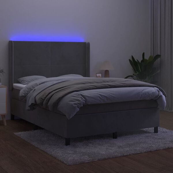 vidaXL Cama box spring colch&oacute;n y LED terciopelo gris claro 140x200 cm
