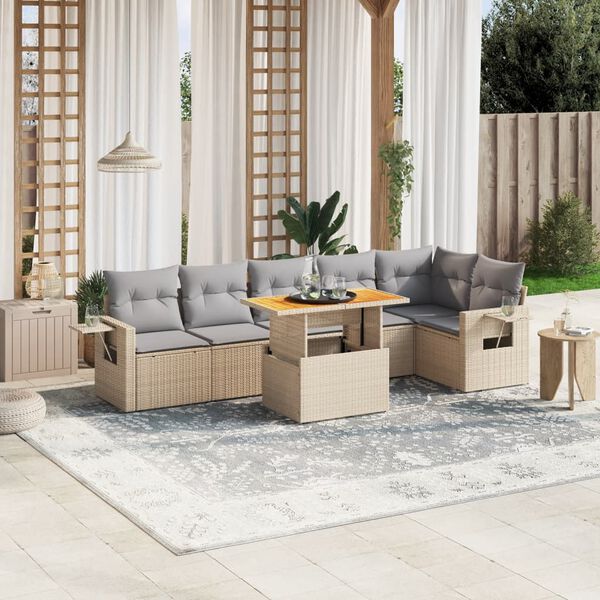 vidaXL Set sof&aacute;s de jard&iacute;n 7 piezas y cojines rat&aacute;n sint&eacute;tico beige