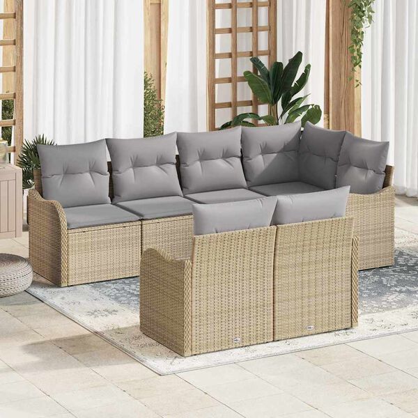 vidaXL Conjunto de sof&aacute; de jard&iacute;n con coj&iacute;n 7 pcs Beige Polirat&aacute;n