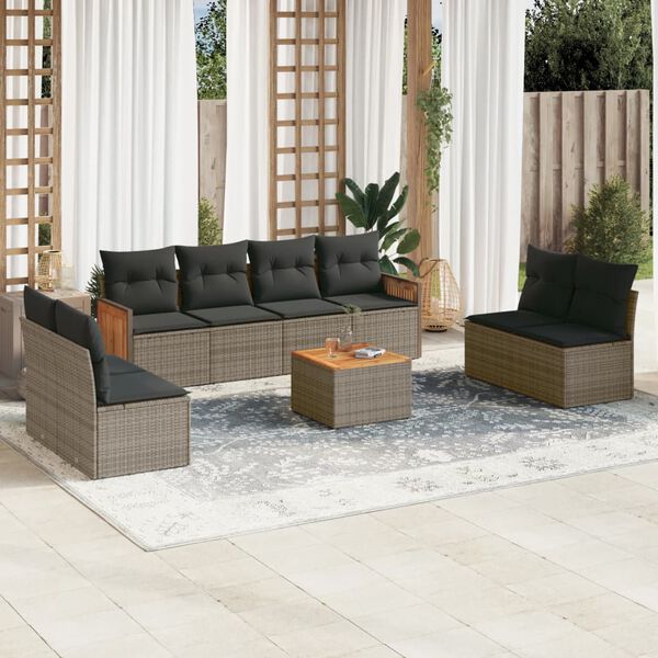 vidaXL Set de muebles de jard&iacute;n 9 pzas y cojines rat&aacute;n sint&eacute;tico gris