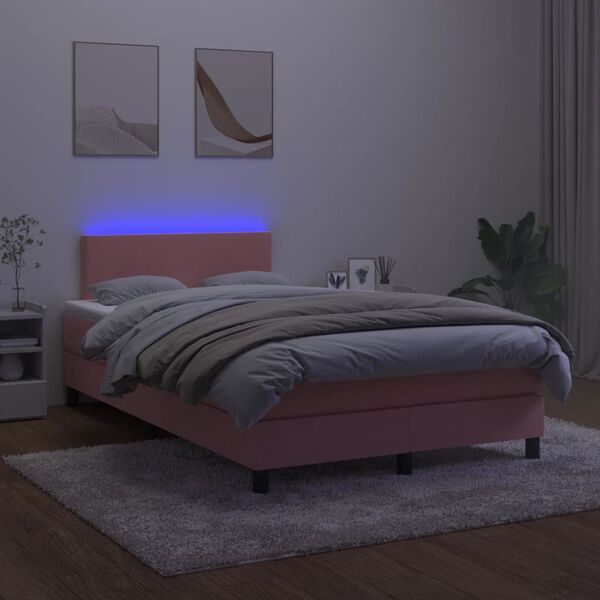 vidaXL Cama box spring colch&oacute;n y LED terciopelo rosa 120x200 cm