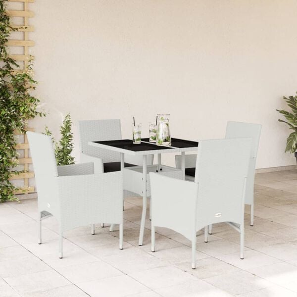 vidaXL Set comedor jard&iacute;n 5 pzas cojines rat&aacute;n sint&eacute;tico vidrio blanco